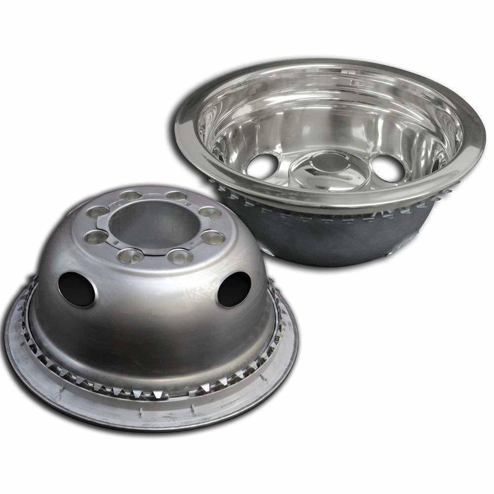 16" stainless steel dual wheel simulators set of 4 snap-on wheel liners with 8 lug holes and 4 hand holes for dual rear wheel trucks